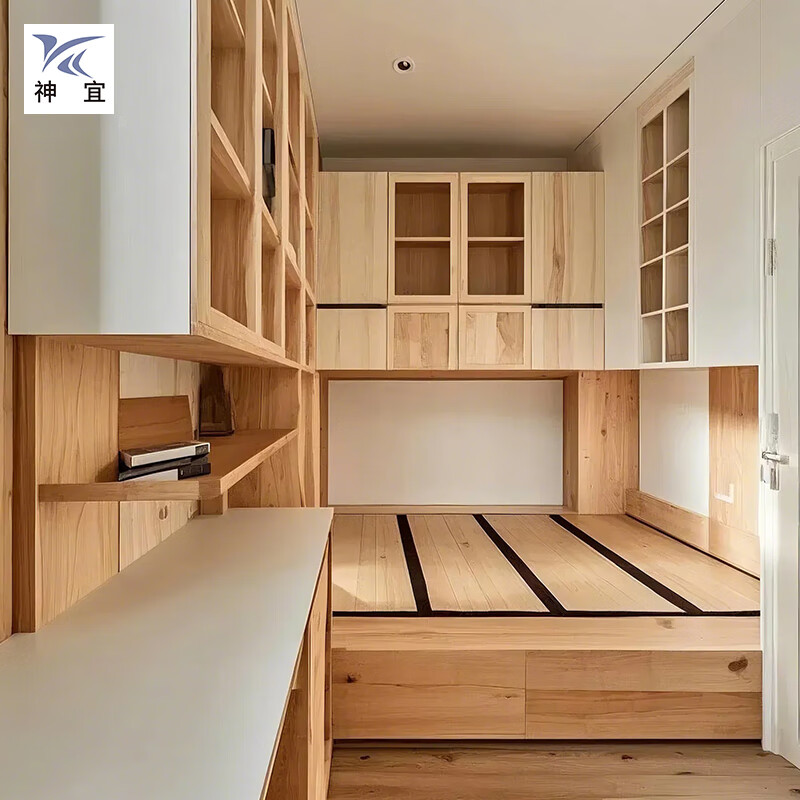 Shenyi children's room platform box bed bookcase wardrobe log furniture design whole house custom tatami upper bed and lower cabinets
