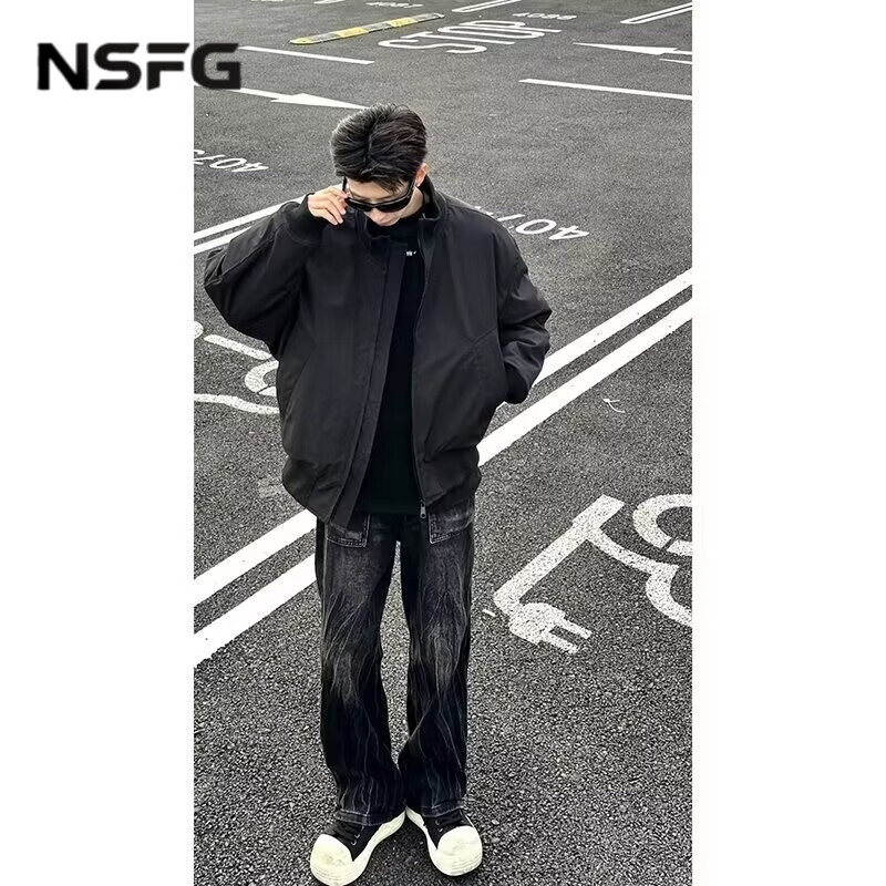NSFG American bomber jacket autumn men's bomber winter cotton jacket shoulder workwear short thickened baseball uniform black cotton style M (100-120 catties)