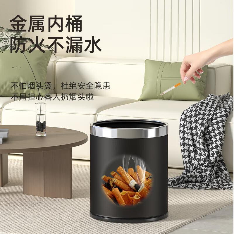 Bendi stainless steel pressure ring trash can 10L large black hotel with inner barrel double-layer paint flame retardant metal trash can
