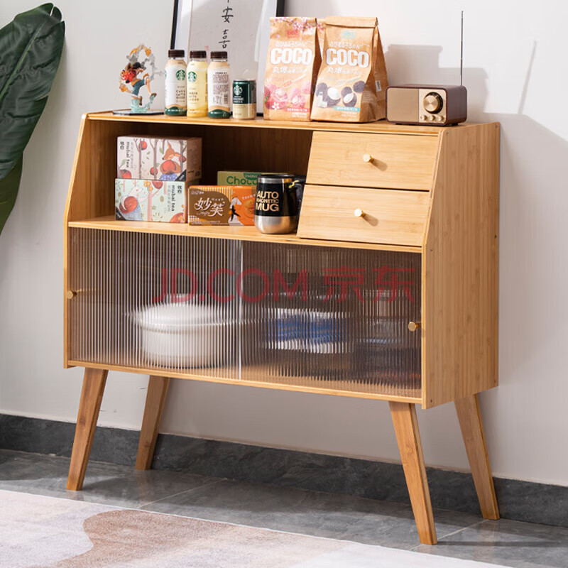 Bamboo Qianbiannan bamboo sideboard home living room storage cabinet kitchen cupboard tea cabinet wall wine cabinet storage multi-functional storage original color 68 long high foot sideboard