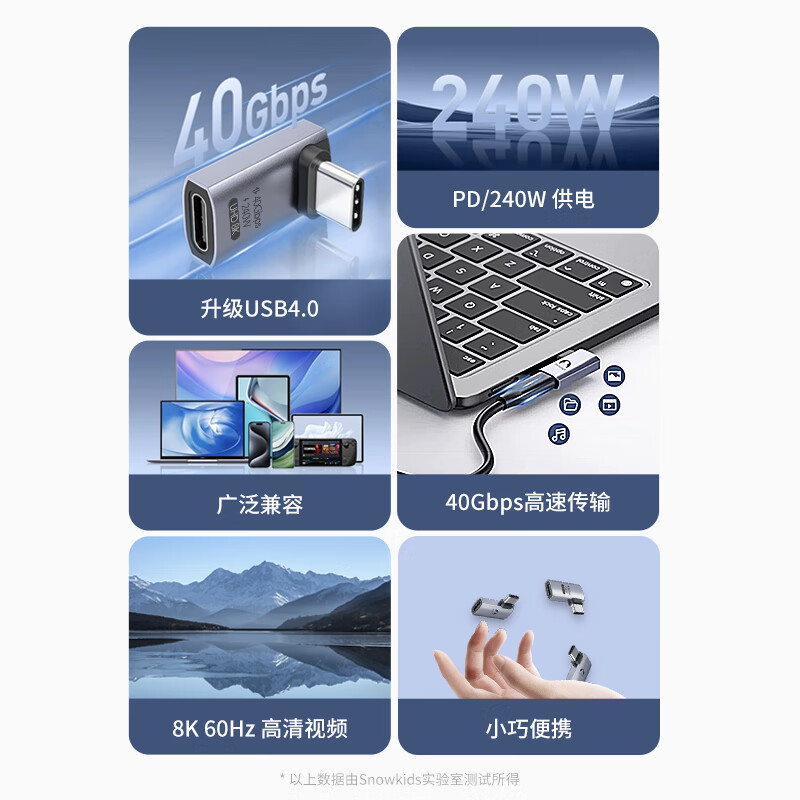 SnowkidsType-C Elbow Thunderbolt 4 Full Function USB4.0 Adapter Male to Female 40G High Speed Transmission 240W Apple iPhone17/16/15proMax Adapter L Type