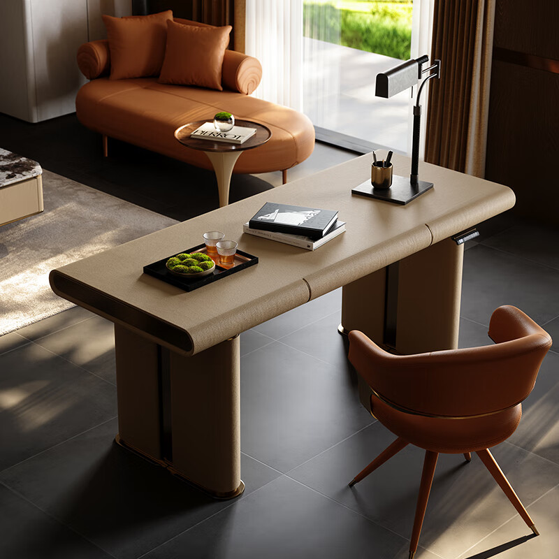 TAZA Italian style full leather desk villa whole house bedroom study custom series modern light luxury liftable desk desk-yellow bronze 1.8m