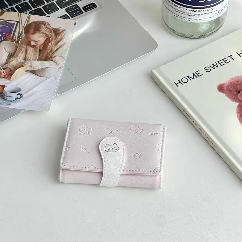 Miaoyijia Wallet Women's Coin Purse Card Holder Women's 2026 New Student Cute Fashion Folding Small Fresh Portable Short Cat Buckle Tri-fold Wallet Pink