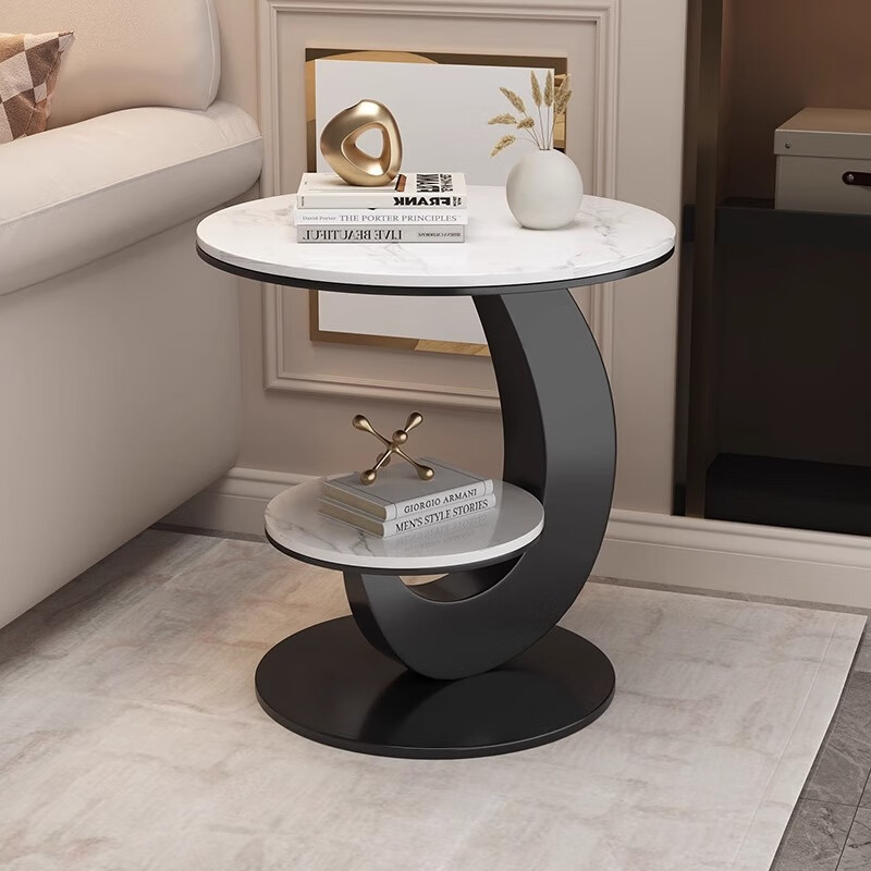 Tangke light luxury side table living room sofa side table balcony small round table high-end creative small table household small coffee table black frame snow mountain white 50*60