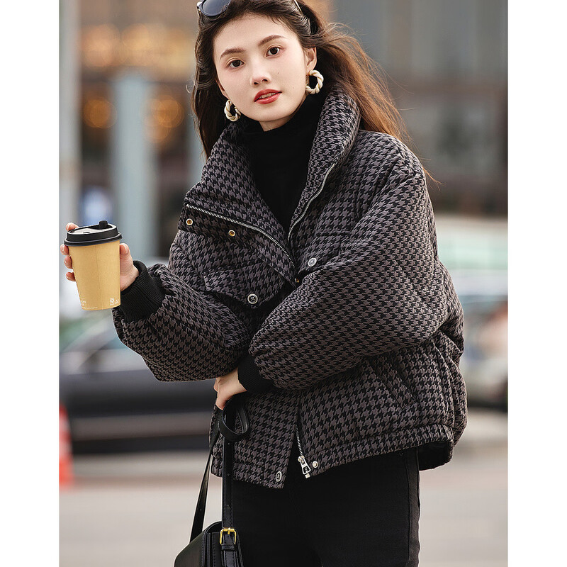 Demana fluffy bun winter 90% duck down stand collar loose down jacket women's short coat dark gray XL