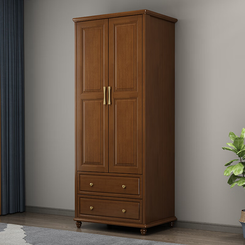 Fanxingze new Chinese style solid wood wardrobe wardrobe small apartment modern simple bedroom double door wardrobe storage cabinet small wardrobe two doors 90cm walnut color