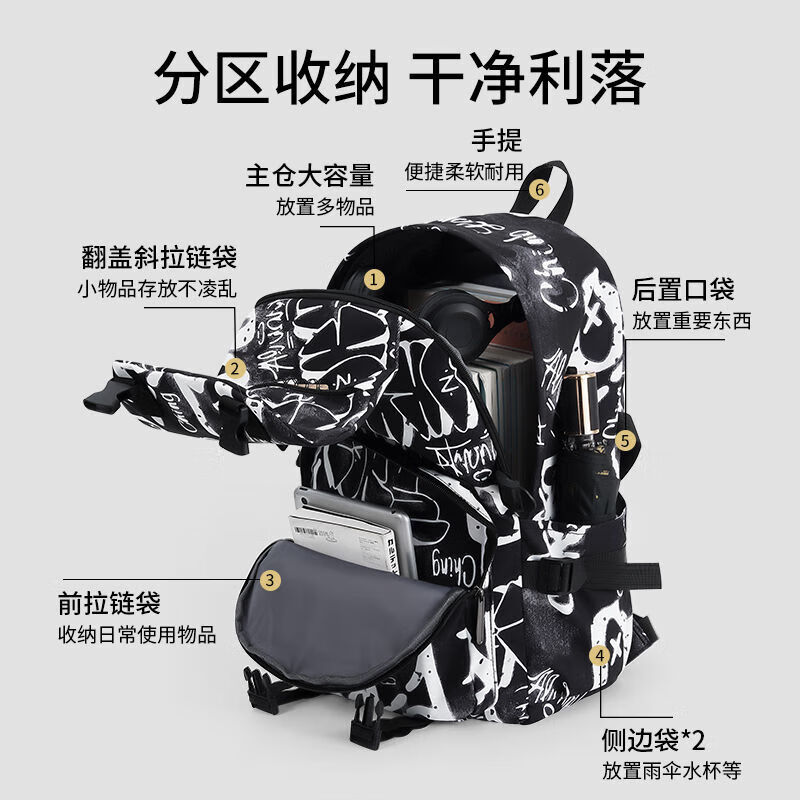 Pull back trendy brand backpack men's large capacity graffiti junior high school student school bag female ins cool casual college student backpack