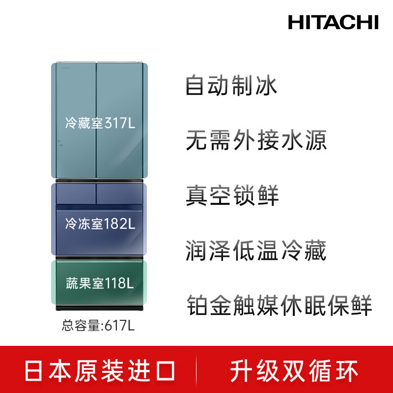 HITACHI Hitachi refrigerator 617L large capacity mirror embedded R-HW620RC imported vacuum preservation automatic ice making first-class energy efficiency crystal mirror color