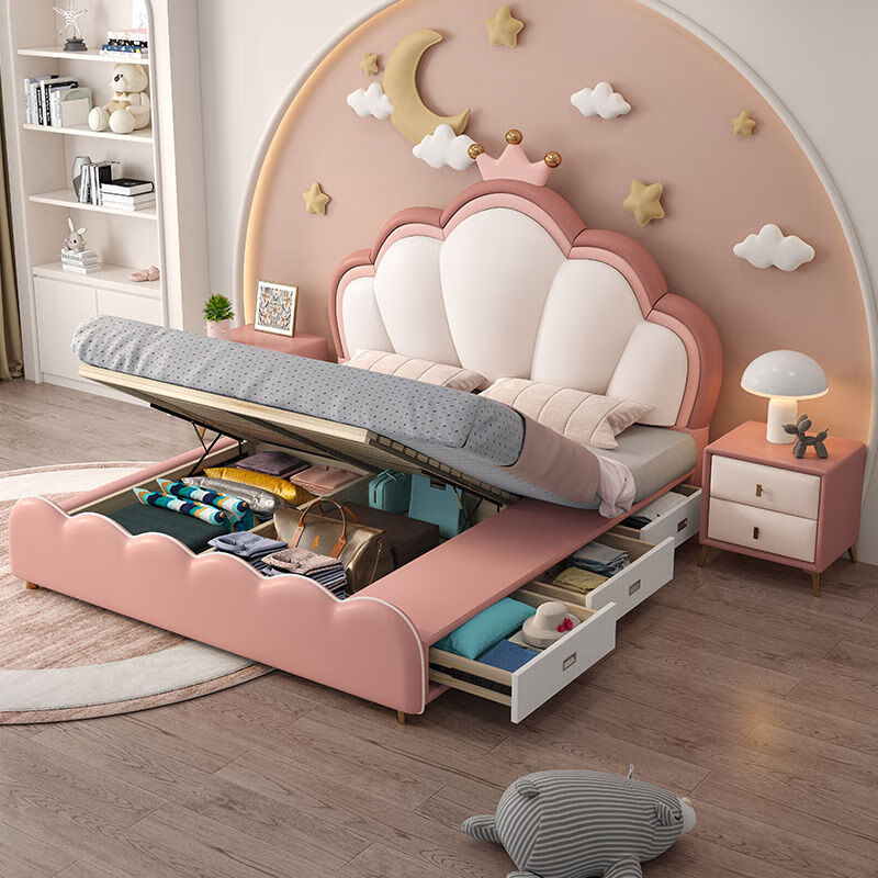 Children's bed modern simple princess bed girl's bedroom light luxury leather single bed ins internet celebrity girl bed 1.5m crown bed color note delivery to home 1.5m*2.0m frame structure