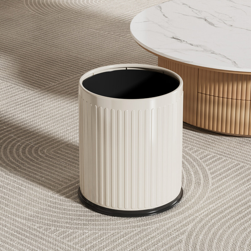 Feida Sanhe Trash Can Home Living Room High-Looking Kitchen Toilet Bedroom Large Capacity Modern Simple Large Coverless Trash Can 12L Cream White Double Bucket Inside and Out - Stripe Design