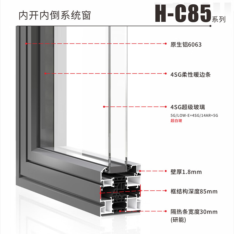 Huining System Window Broken Bridge Aluminum Casement Opening Inward Inverting Window Screen Integrated External Opening Window Soundproofing Heat Insulating Window Seal Balcony Floor-to-ceiling 85 Inward Opening Inward Inverting