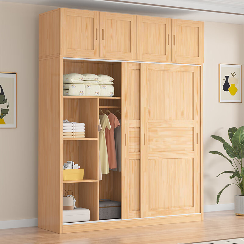 Shangxuan includes installation solid wood wardrobe bedroom customization simple small apartment rental sliding door cabinet pure solid wood three-door main cabinet (width 1.2 meters)