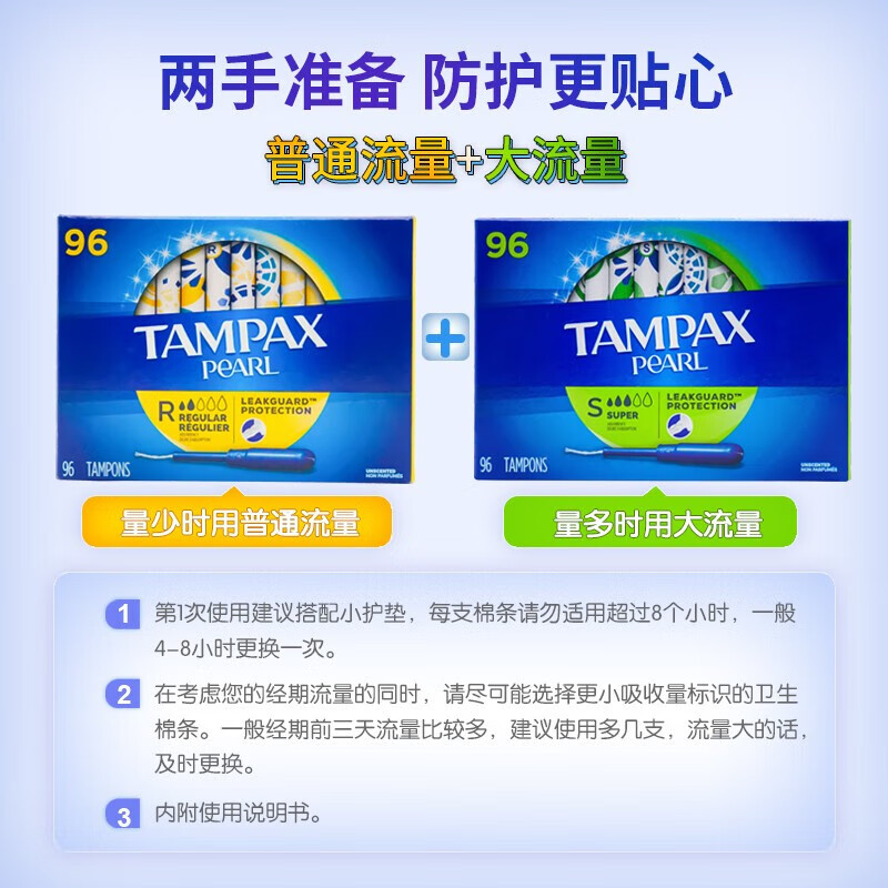 Tampax Canada long duct tampons in two boxes (normal 96 pcs/high flow 96 pcs)