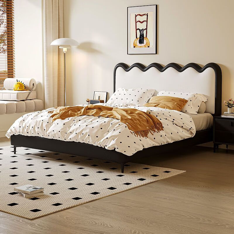 French cream style ripple bed modern simple leather bed small apartment soft package storage bed light luxury master bedroom double bed children's bed + 20cm natural coconut palm mattress 1.5m*2.0m frame structure