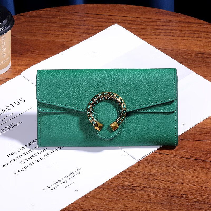 Sephoron high-end diamond-encrusted fashionable long hand wallet with feminine temperament 2026 new first-layer cowhide large-capacity wallet handbag green-first-layer cowhide high-end gift box packaging