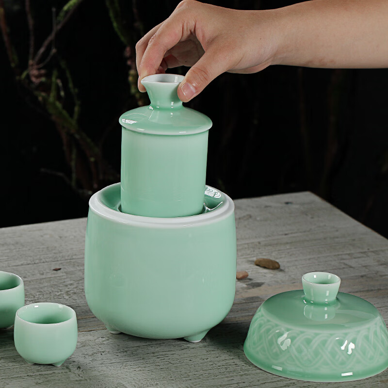 Su's ceramic celadon wine set, wine warmer, white wine cup, three-legged wine warmer, exquisite gift box