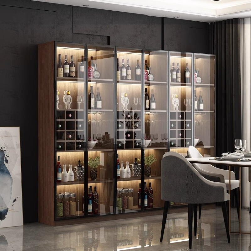 New solid wood wine cabinet living room wall display cabinet home light luxury high-end modern simple glass door small bookcase J type 0.8 meters walnut color with light delivery and installation included