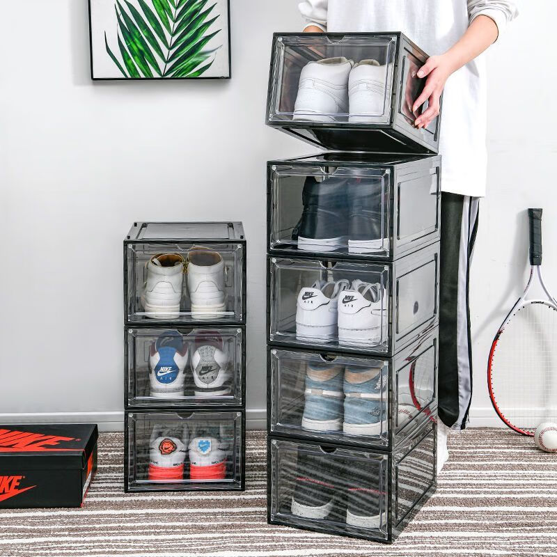 Raft core acrylic shoe box magnetically transparent transparent household shoe storage box dust-proof and oxidation-proof thickened space shoe rack shoe cabinet front door double magnetic suction multiple pieces more cost-effective transparent black 1 pack 48 size high-top shoes