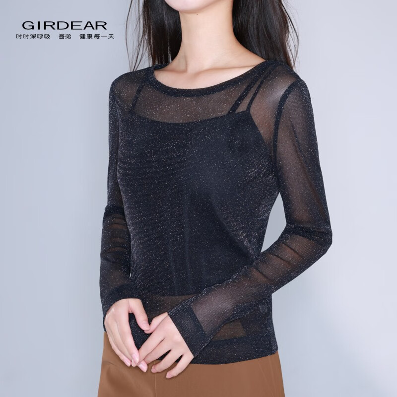 GIRDEAR Women's Bottoming Shirt Fashionable Retro All-match Round Tie Onion Mesh Fabric Top Slim T-shirt 1300958 Black M (3 yards)