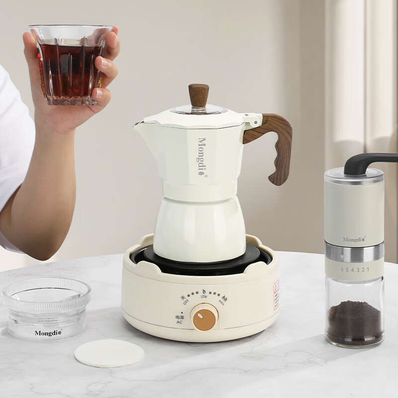 Mongdio Moka Pot Double Valve Coffee Pot Set Home Espresso Equipment Set Single Valve Black + Black Electric Stove + Filter Paper 150ml