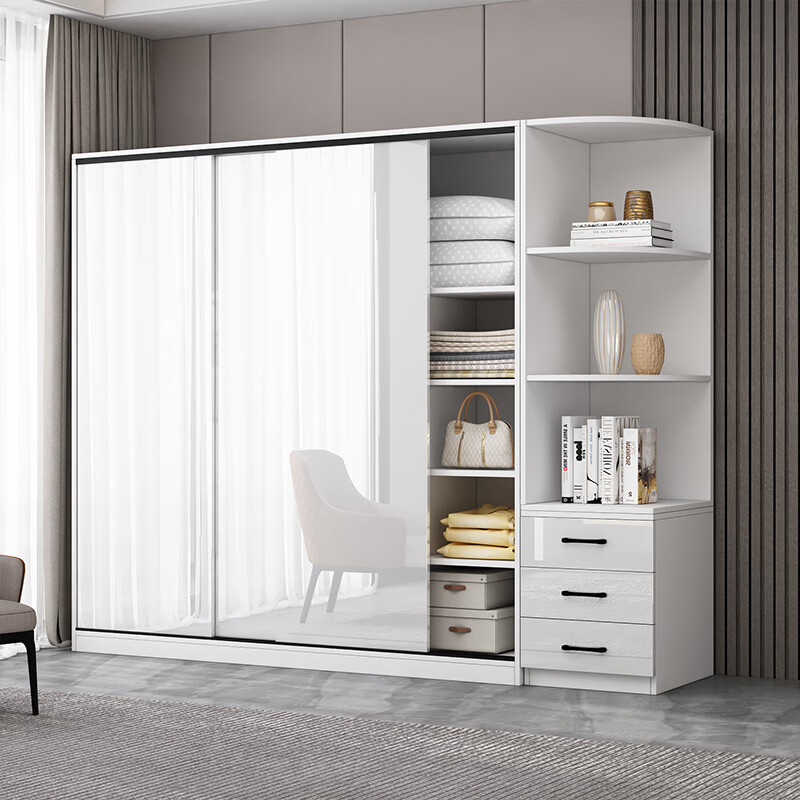 Sumpton Wardrobe Home Bedroom Sliding Door Cabinet Simple Wardrobe Storage Large Wardrobe Three Doors 200 Three Door Main Cabinet + Top + Side Cabinet Length 240 Height 240 Fashion Lines (Paint-Free Board)