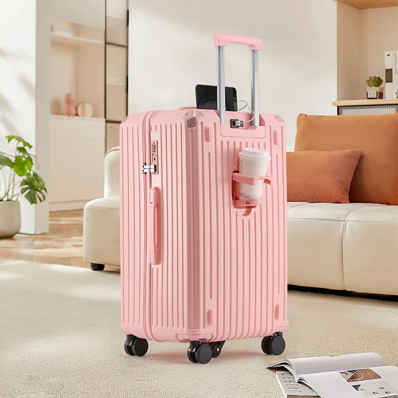 EAZZ 5-wheel load-bearing + lightweight, thickened and large-capacity luggage suitcase for men and women, trolley bag, student password box, suitcase, USB charging port + water cup holder + hook, black, 28-inch C-type, 5-wheel load-bearing, need to be checked and moved