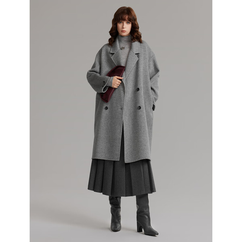 ELLE Sheep Wool Alpaca Double-sided Woolen Coat Women's 2025 Winter New Elegant Suit Collar Woolen Coat Medium Gray S