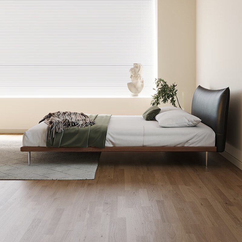 Yiluo Italian style minimalist black leather bed mid-century style master bedroom light luxury modern simple thin bedside bed Luna semi-green leather + beech wood rib frame 1800mm*2000mm bracket structure