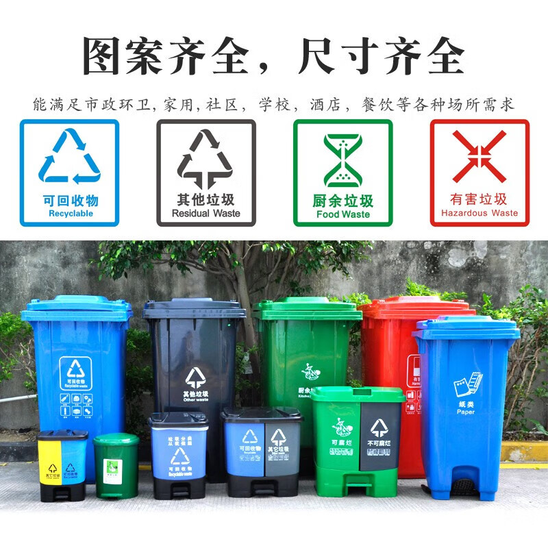 Large flat mouth garbage classification garbage bag disposable biodegradable community property four-color food waste plastic red hazardous waste 120X140 30 pieces
