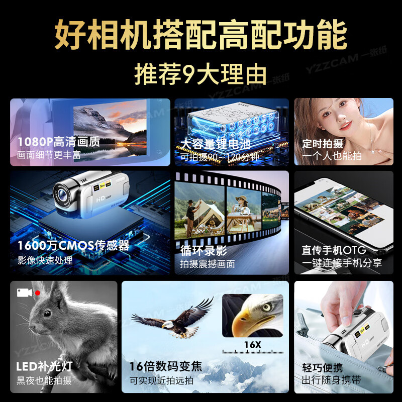 YZZCAM high-definition digital camera high-definition home DV entry-level small video all-in-one travel wedding meeting record camera body-worn video recorder ccd silver with 32G memory card