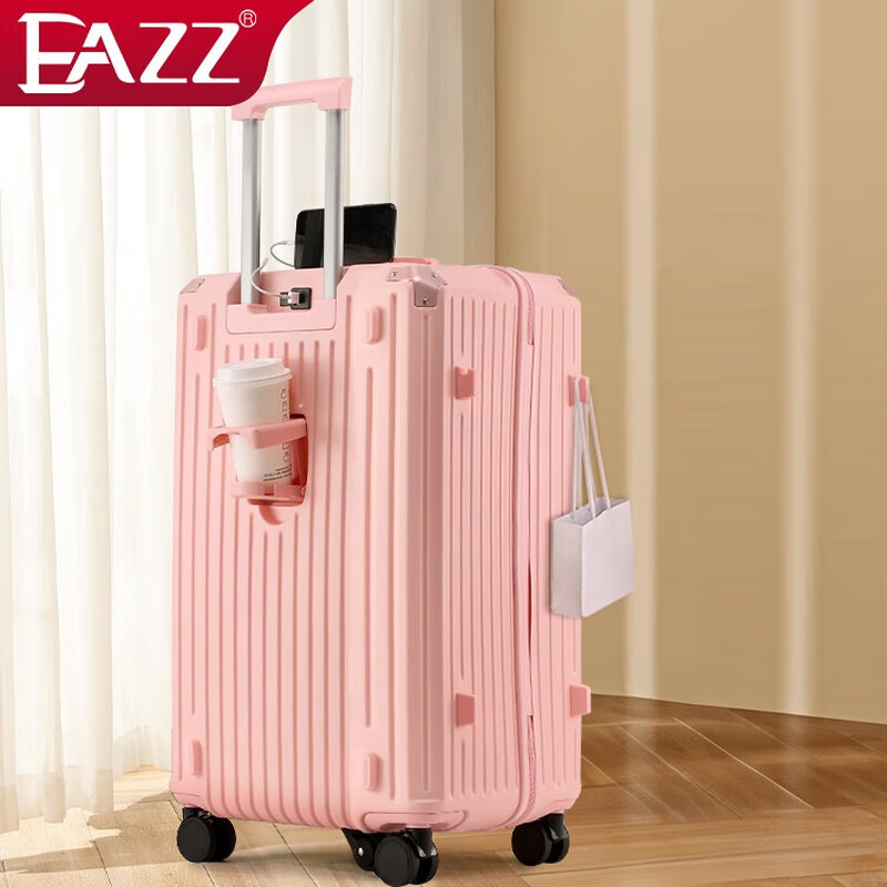 EAZZ 5-wheel load-bearing + lightweight, thickened and large-capacity luggage suitcase for men and women, trolley bag, student password box, suitcase, USB charging port + water cup holder + hook, black, 28-inch C-type, 5-wheel load-bearing, need to be checked and moved