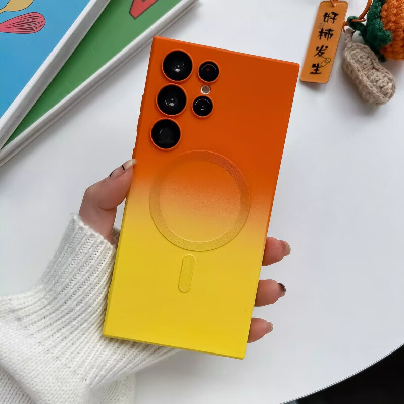 Suitable for Samsung s24ultra mobile phone case magnetic suction s23FE new two-color silicone anti-fall protective cover s22ultra frosted gradient s23u upgraded volume dustproof magnetic suction - gradient blue and red with lens film Samsung Galaxy S21