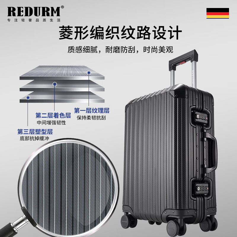 REDURM all-aluminum-magnesium alloy large-capacity suitcase, lightweight boarding suitcase, business trip trolley case, high-looking obsidian black - flagship 3D pattern scratch-resistant and wear-resistant hard case 20 inches - boarding