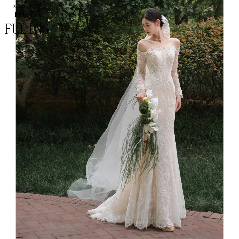 Rich collar, one shoulder, light wedding dress, French lace bridal feel, forest-style engagement dress, super fairy door veil, welcome dress, white XS