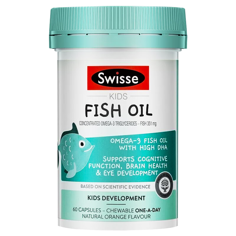 Swisse Children's Fish Oil DHA+EPA Fish Oil Capsules 2 years old to 12 years old, no fishy smell, care for eye and brain health, imported from Australia, eye and brain development, children's dha 60 capsules * 1 bottle