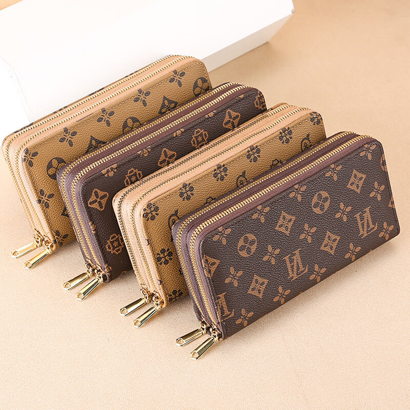 Jiapinyou Wallet Women's Long Style 2024 Hot Style Printed Large Capacity Temperament Double Zipper Women's Wallet Wallet Clutch Letter Style Coffee Color