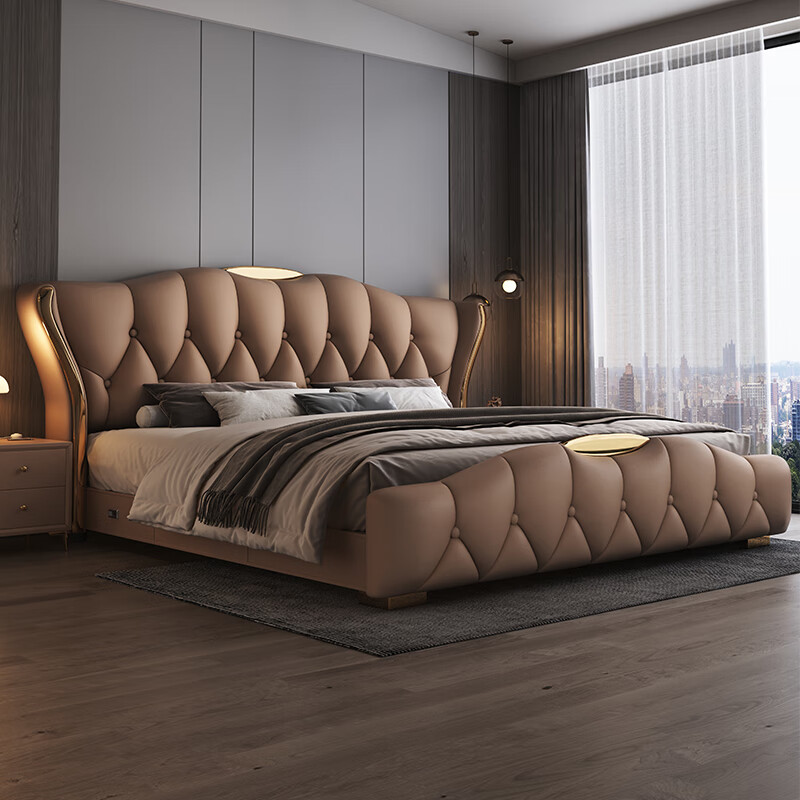 Xianli Italian-style leather bed, modern and simple 1.8m master bedroom bed, wedding bed, 2m light luxury storage double bed, air pressure soft bed, 3 drawer bed + 2 cabinets + antibacterial 9-zone latex mattress, 1.8*2m frame structure