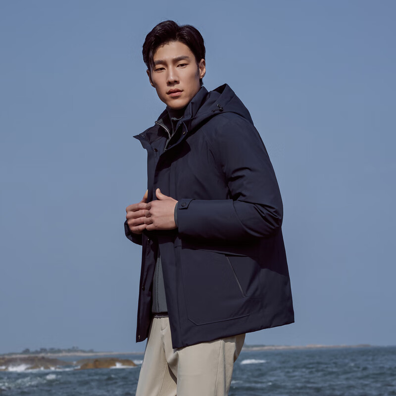 Youngor Down Jacket Goose Down Warm Hooded Detachable Stand Collar Windproof Jacket Navy Blue 165/88A