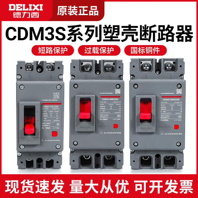 Delixi plastic case circuit breaker CDM3S air switch 2P125A160A200A250A household electric circuit breaker 250A 2P