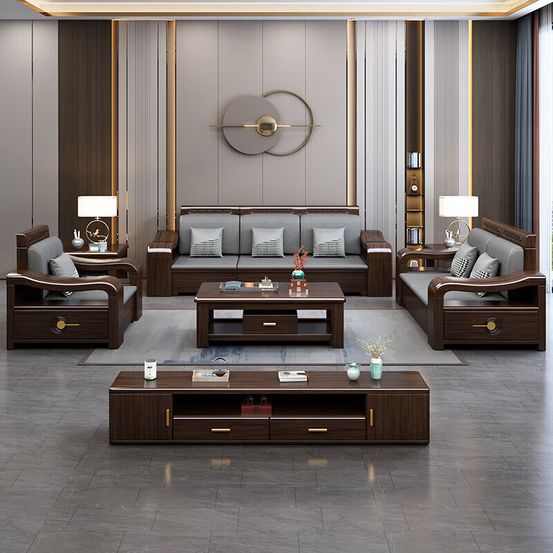 Yunxin sofa Purple gold sandalwood solid wood sofa New Chinese style living room size apartment winter and summer dual use imperial concubine corner storage 1+2+3 combination + long coffee table + square table + TV cabinet