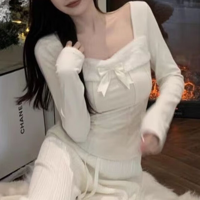 Yixin winter bottoming shirt for women, 2026 new long-sleeved style, slim fit, can be worn as a versatile piece, plush square collar, bow long sleeves, apricot color L, recommended weight is about 100-115 catties