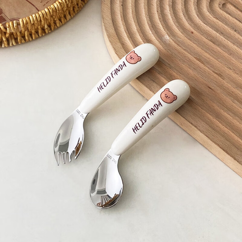 WORTHBUY 316 children's portable tableware stainless steel spoon, chopsticks and fork set training chopstick storage box cute tableware set off-white rabbit + 316 spoon + noodle fork + chopsticks + scissors 5 pieces