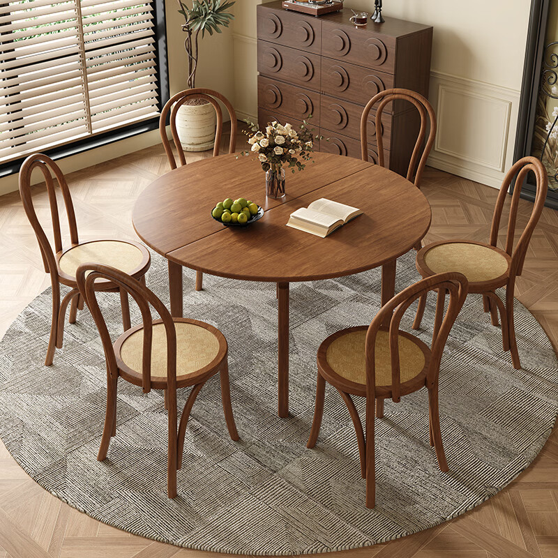 Harmony Dujiang mid-century solid wood dining table retractable folding oval dining table small apartment home dining table and chair combination walnut color single dining table 1 meter retractable to 1.3 meters
