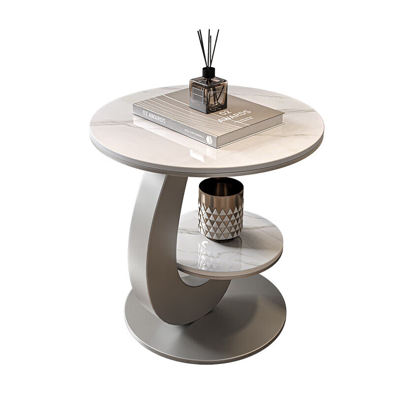 Linjie modern minimalist side table living room mobile mini coffee table round side table slate sofa next to small table high-end silver frame glossy fish belly white (50*50)