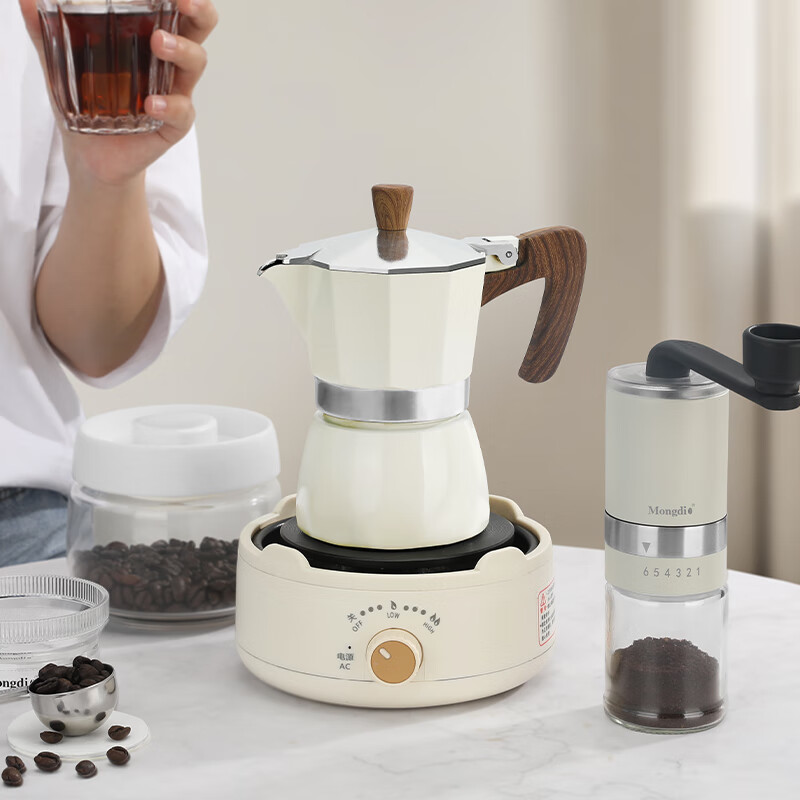 Mongdio Moka Pot Double Valve Coffee Pot Set Home Espresso Equipment Set Single Valve Black + Black Electric Stove + Filter Paper 150ml