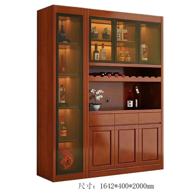 Wu solid wood wine cabinet and sideboard integrated living room wall-mounted multi-functional storage display cabinet with glass door kitchen storage cabinet three doors walnut color with side cabinet 1.65 meters