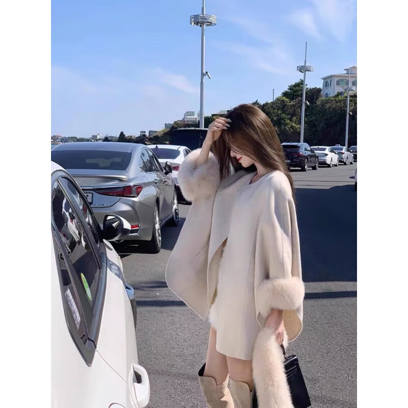 Pierre Cardin white woolen cloak fur coat for women 2025 autumn and winter new temperament lady belt mid-length thick coat for women off-white temperament lady S