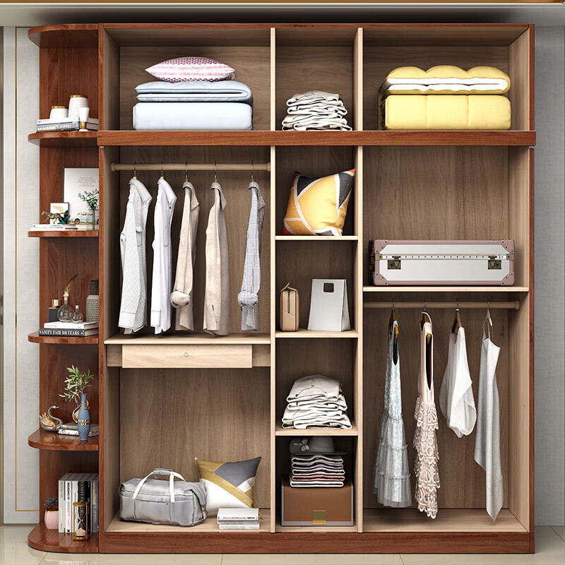 Millennium Shengshi Solid Wood Wardrobe Golden Wire Walnut Wardrobe Bedroom Cabinet Modern Chinese Wardrobe Corner Storage Cabinet Bedroom Furniture Five Doors + Top Cabinet Standard Model Does Not Exclude Center Drawer