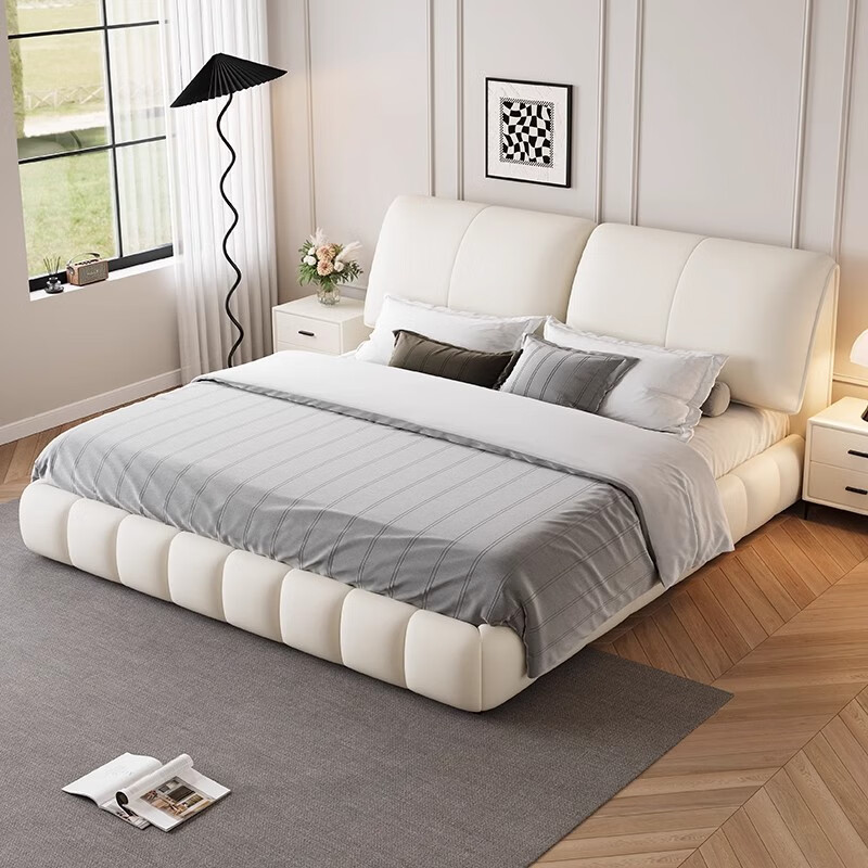 XIYUNMEN government subsidizes cream-style first-layer cowhide leather bed elephant ear master bedroom double bed minimalist storage bed wedding bed bed + moderately hard and soft natural latex mattress 1.8*2 meter frame bed/10cm steel wood lattice frame