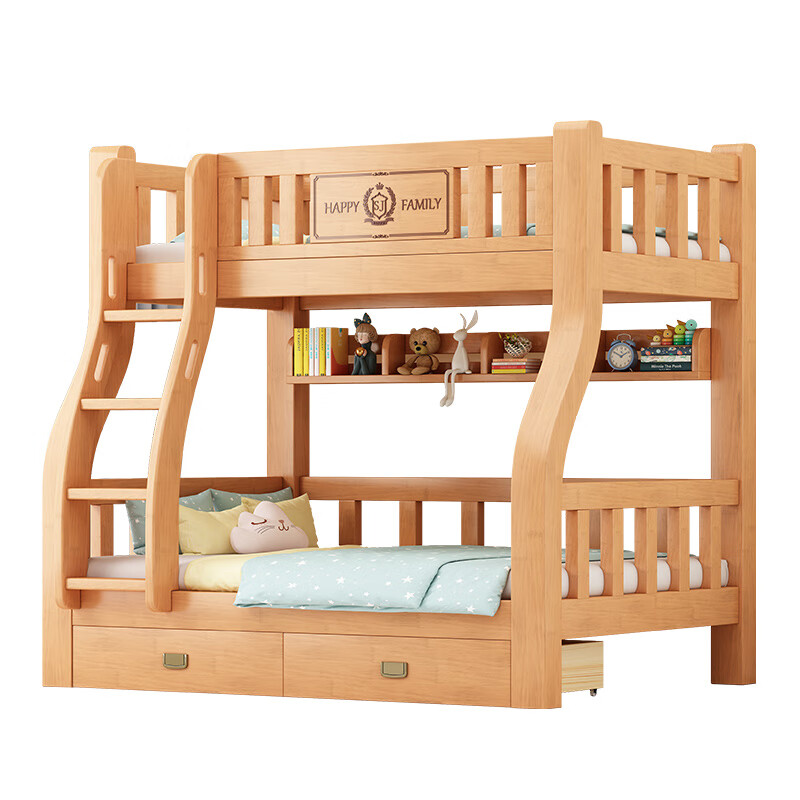 Rongjiang rubber wood bunk bed, pure solid wood bunk bed, high and low bed, bunk bed for boys and girls, children's bed, double bed, ladder type + 5CM coconut palm mattress*2 1350mm*2000mm, upgraded and thickened